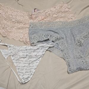Lace-Trim Bikini & Thong 3-Pack — Light Pink, Heather Gray, White Script VS New